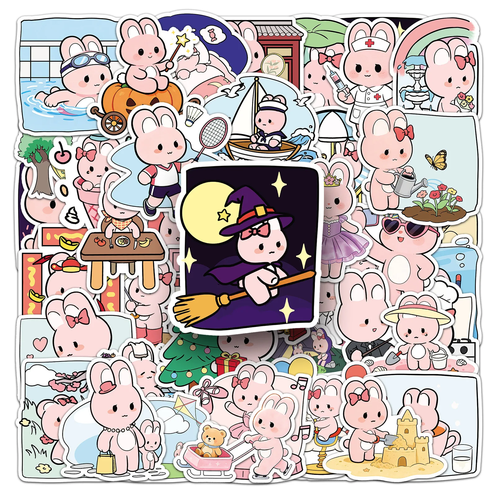 

51pcs Cute Pink Rabbit Daily Sticker Cartoon Animal DIY Waterproof Decoration Milk Tea Cup Skateboard Phone Case Skateboard