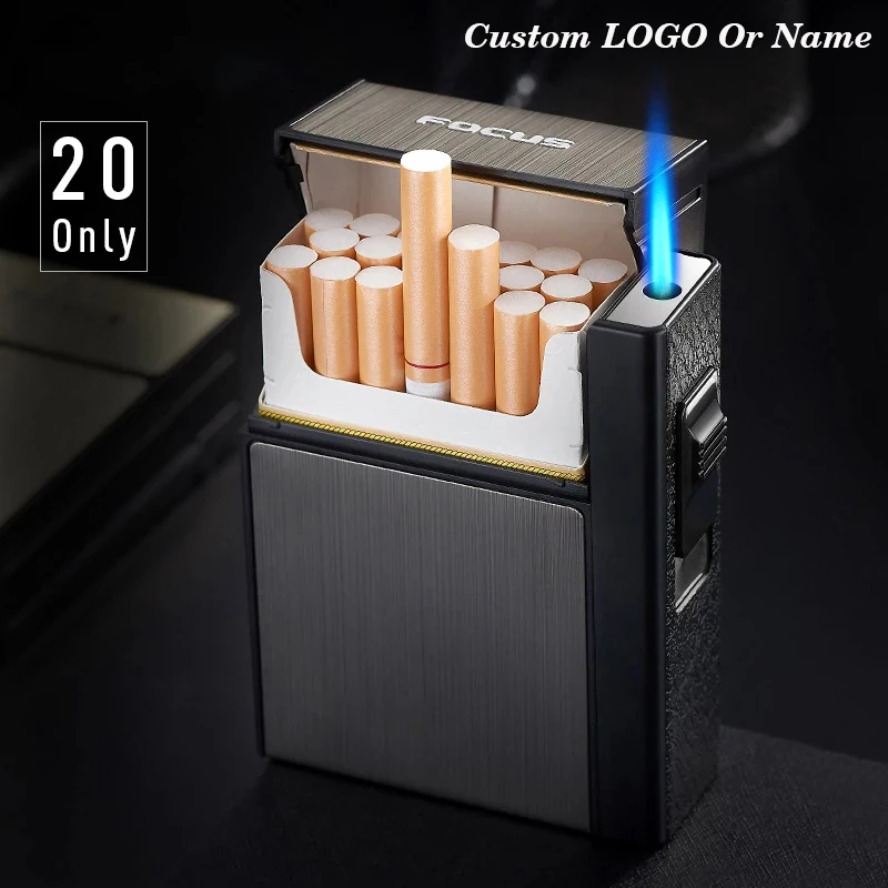 20 palos caja de cigarrillos encendedor de Metal Turbo butano capacidad de cigarrillo encendedor de cigarrillos de Gas Gadget encendedor caja regalo