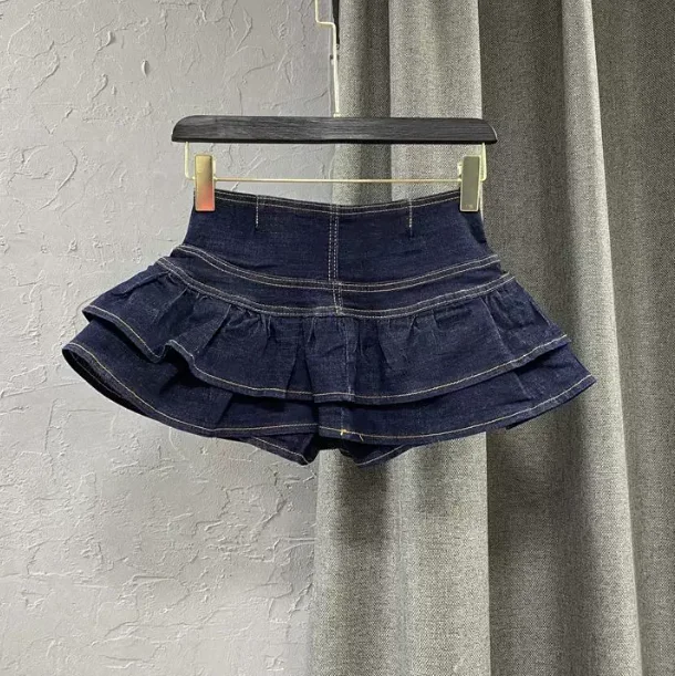 High Waist Single-Breasted Ruffles Cake Denim Skirt for Woman, 2026 Fashion Sexy Cute Mini Skirts, Black Blue