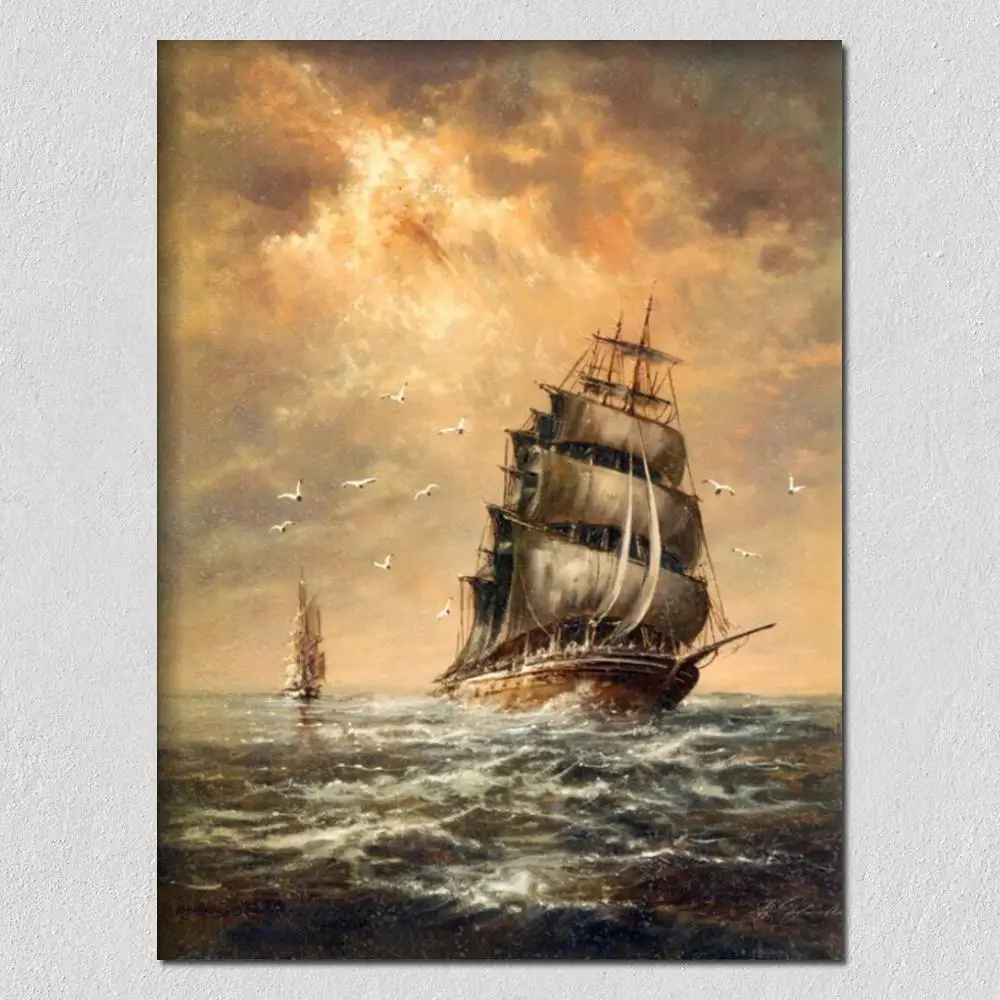 

Seascape Canvas Wall Art Handmade Ship Oil Painting Modern Sailing Boat Artwork Stormy Weather Living Room Decorative Brown Gift