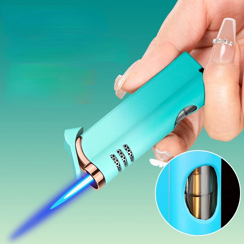 Windproof Torch Gas Lighter Powerful Tube Straight Blue Fire Turbo Pipe Butane Refillable Jet Flame Lighter Creative Smoker Gift