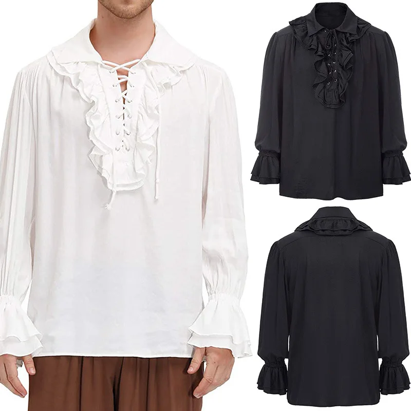 Medieval Cosplay Costume Men Grooms Shirts Renaissance Court Ruffle Lace Trim Vintage Knigh Solid Top Puff Sleeve Pirate Blouse