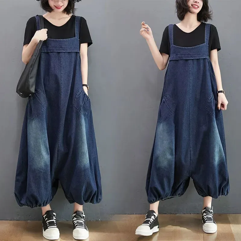 

Women's Oversized Denim Jumpsuit, Summer Streetwear, Suspenders, Loose Wide Leg Jeans, Female Casual Lantern, Nine Points Romper