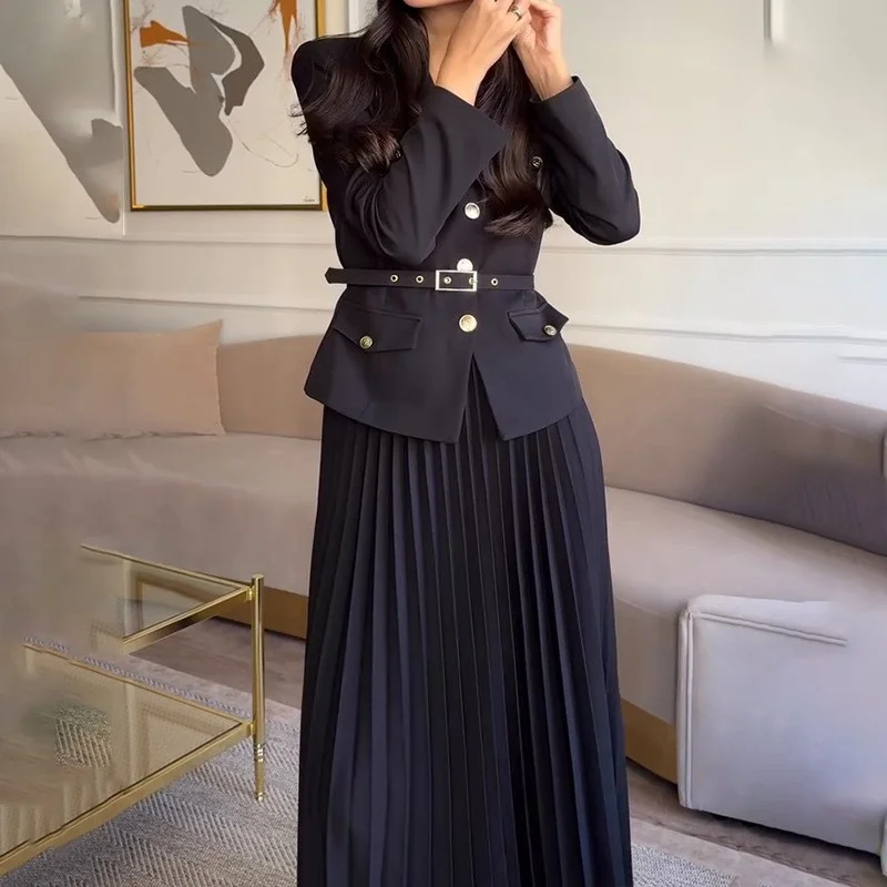Elegant Women's 2 Piece Set Long Sleeve Blazer Jacket With Pleated Maxi Skirt Fashion Solid Outfit For Autumn Winter Office Wear