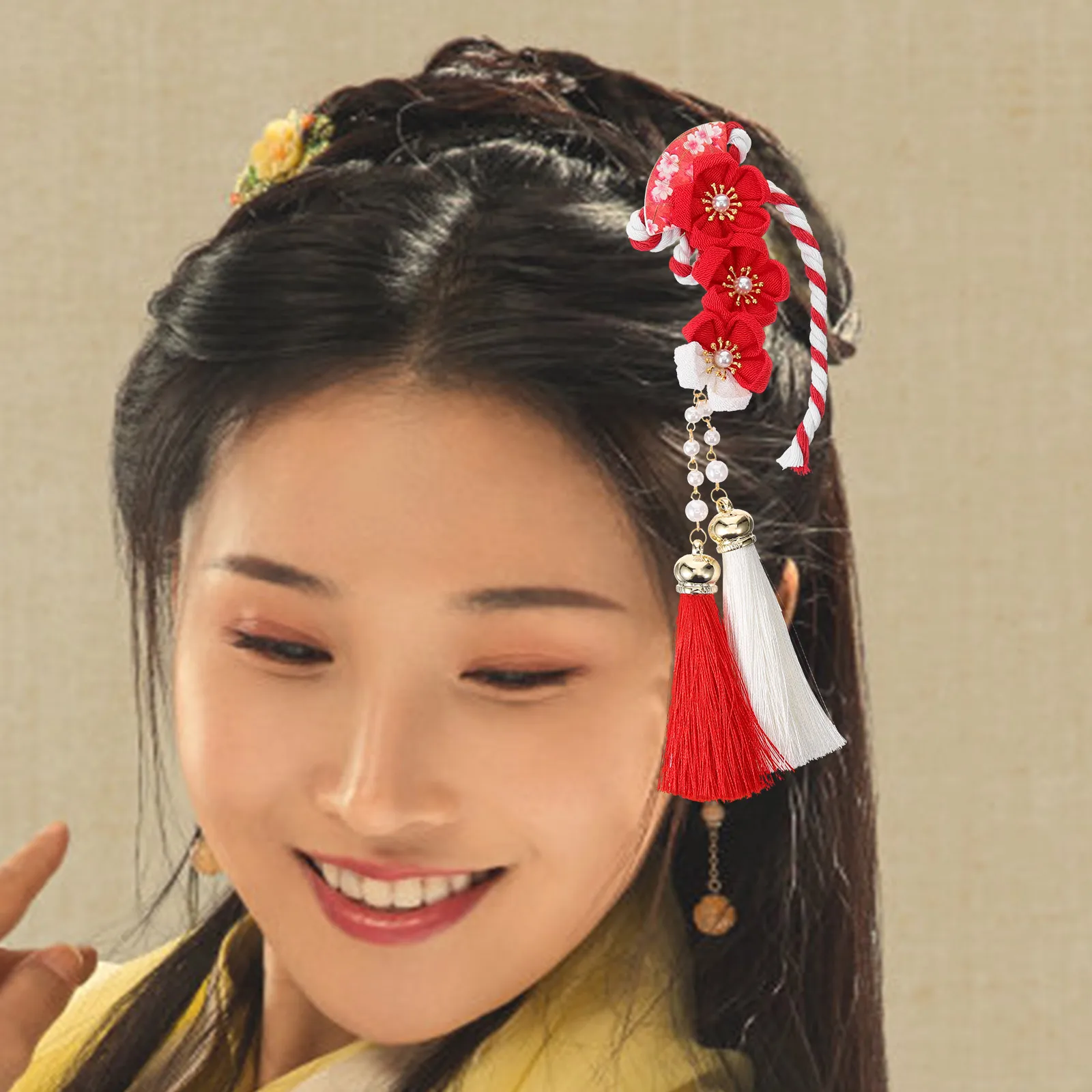

Japanese Style Red Hairpin Women Clip Girls Hair Clips Tassel Flower Decorative Traditional Beauty Wedding Party Everyday Use