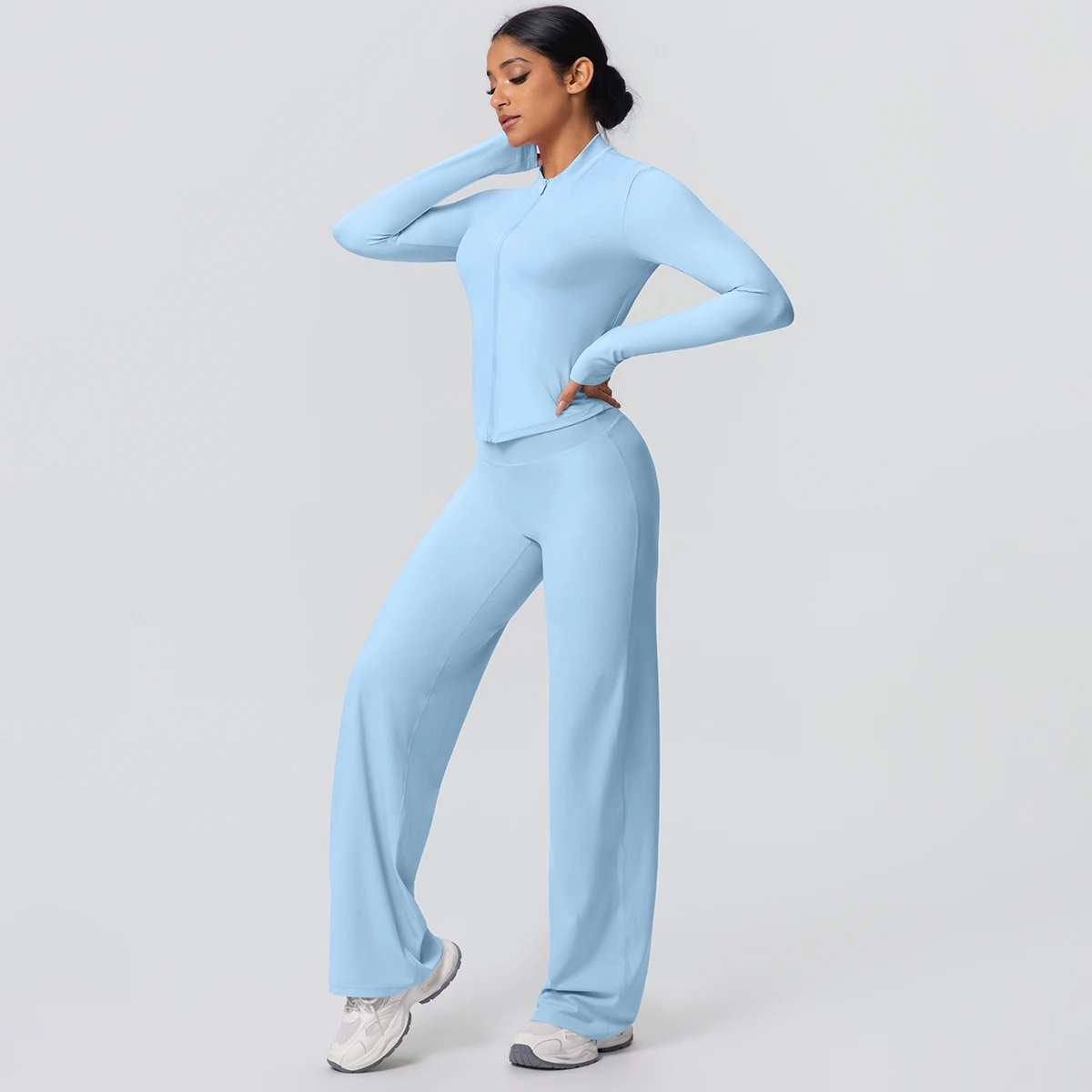 2 stück Schnell Trocknend Sport Fitness Kleidung Yoga Set Frauen Yoga Zipper Lange Ärmel Hohe Taille Atmungsaktive Breite Bein Hosen set – Detail 33