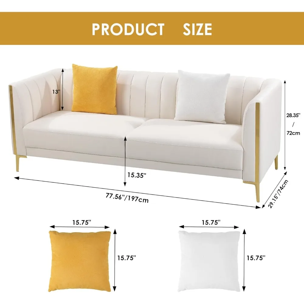 78'' Sofa, Modern Couches for Living Room, Faux Leather Sofa 3 Seater Sofa with 2 Throw Pillows and Metal Legs, Deep Seat Sofas