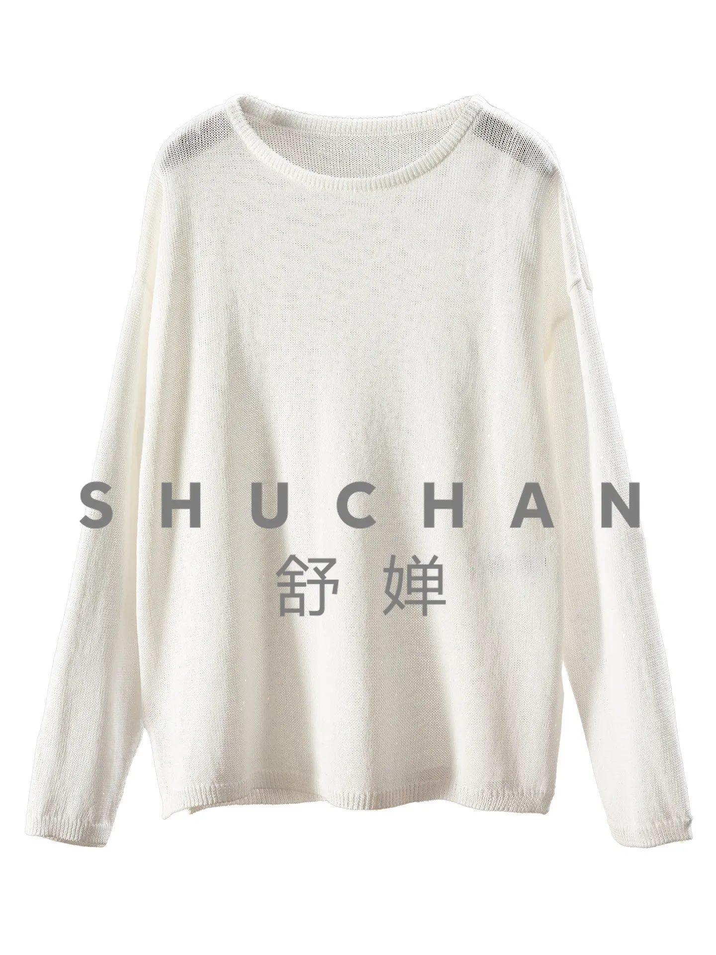 

Уютный и расслабленный вязаный свитер с круглым вырезом, пайетками и эффектом драпировки на плечах, модель H, женский, 41K0