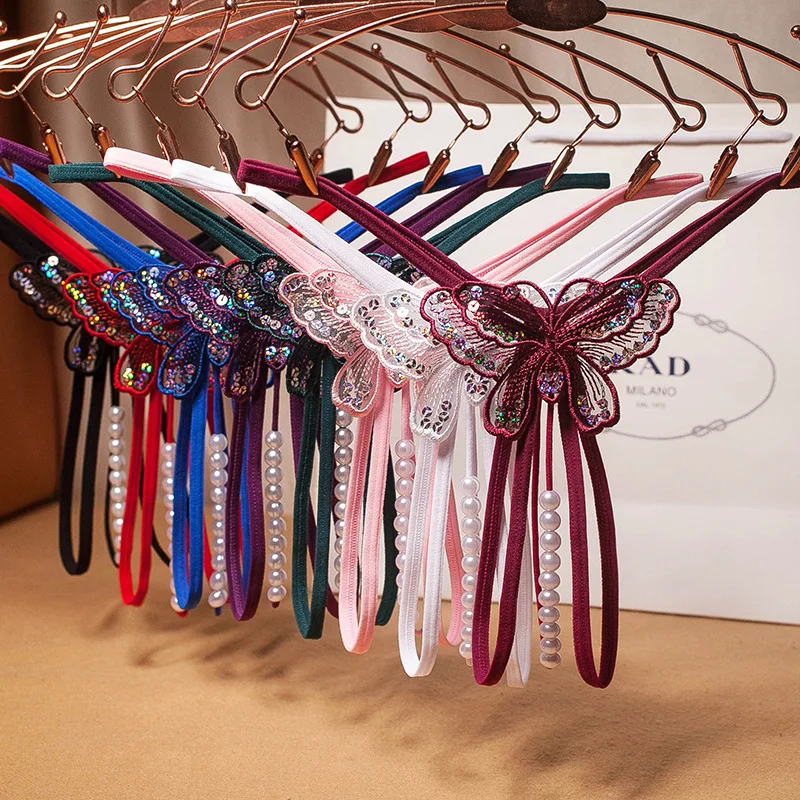 Sexy Transparent Temptation Thong Latin American Butterfly Sequin T-back Women's One Thread Bead Massage Open Crotch Underwear