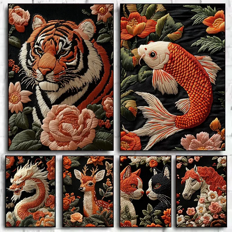 Embroidery Style Art Animals Poster Floral Dragon Koi Fish Tiger Monkey Poster Canvas Painting Wall Pictures Home Interior Decor