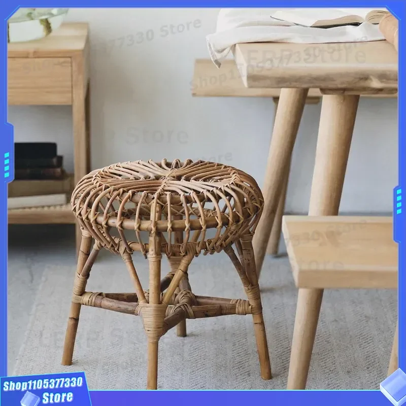 Vintage Small Rattan Round Stool Woven Jellyfish Design Simple Home Furniture for Bedroom Dressing Table or Cafe Dining Area