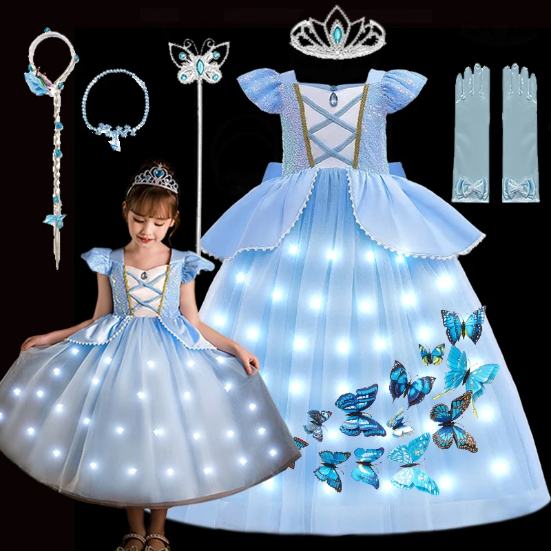 

LED Light Fancy Blue Cinderelle Dress 2-10Y Princess Cosplay Costume for Girls Kids Christma Birthday Party Outfit With Gloves