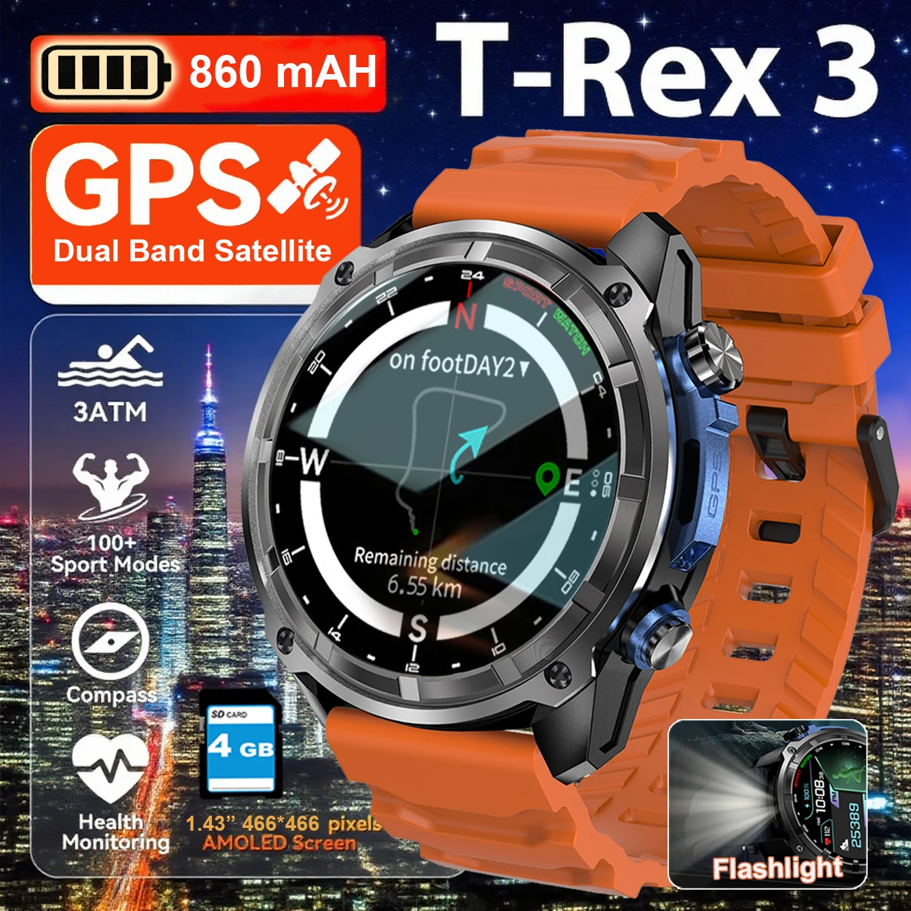 جديد ساعة ذكية الرجال المدمج في نظام تحديد المواقع غير متصل خريطة موقف 4GB الذاكرة 5ATM مقاوم للماء 860mAh البوصلة BT دعوة السباحة أساور رياضية #1