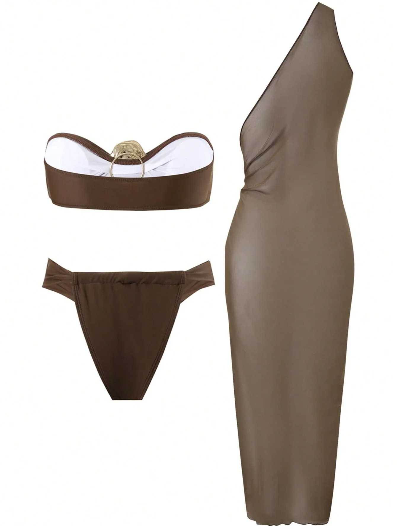 

Women Summer Beach Solid Color Bandeau Bikini Set With One Shoulder Cover Up Dress