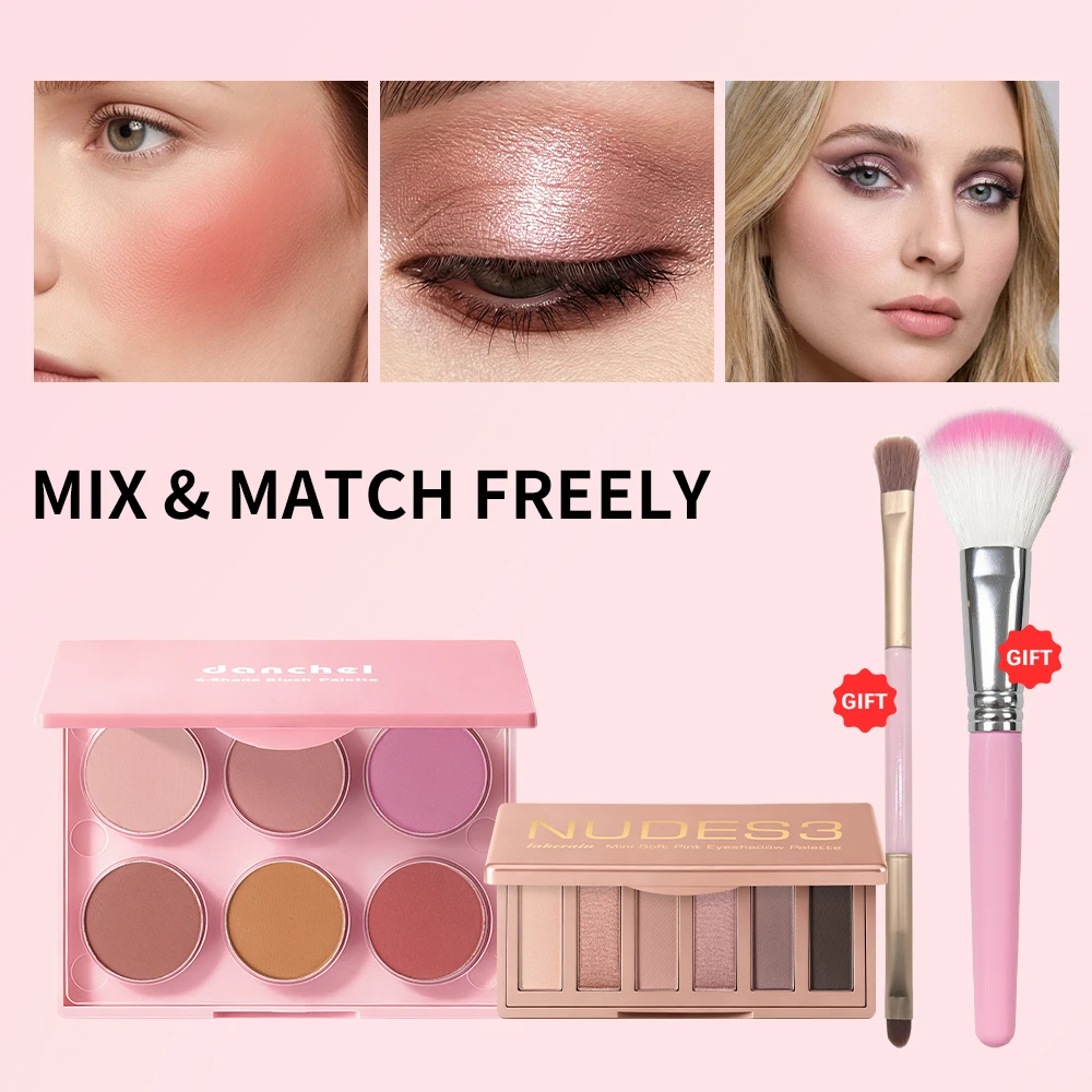 Matte Shimmer Nude Eyeshadow & 6 Tone Blush Powder Palette Long Lasting Blendable Face Eye Makeup Kit with Applicator Brushes