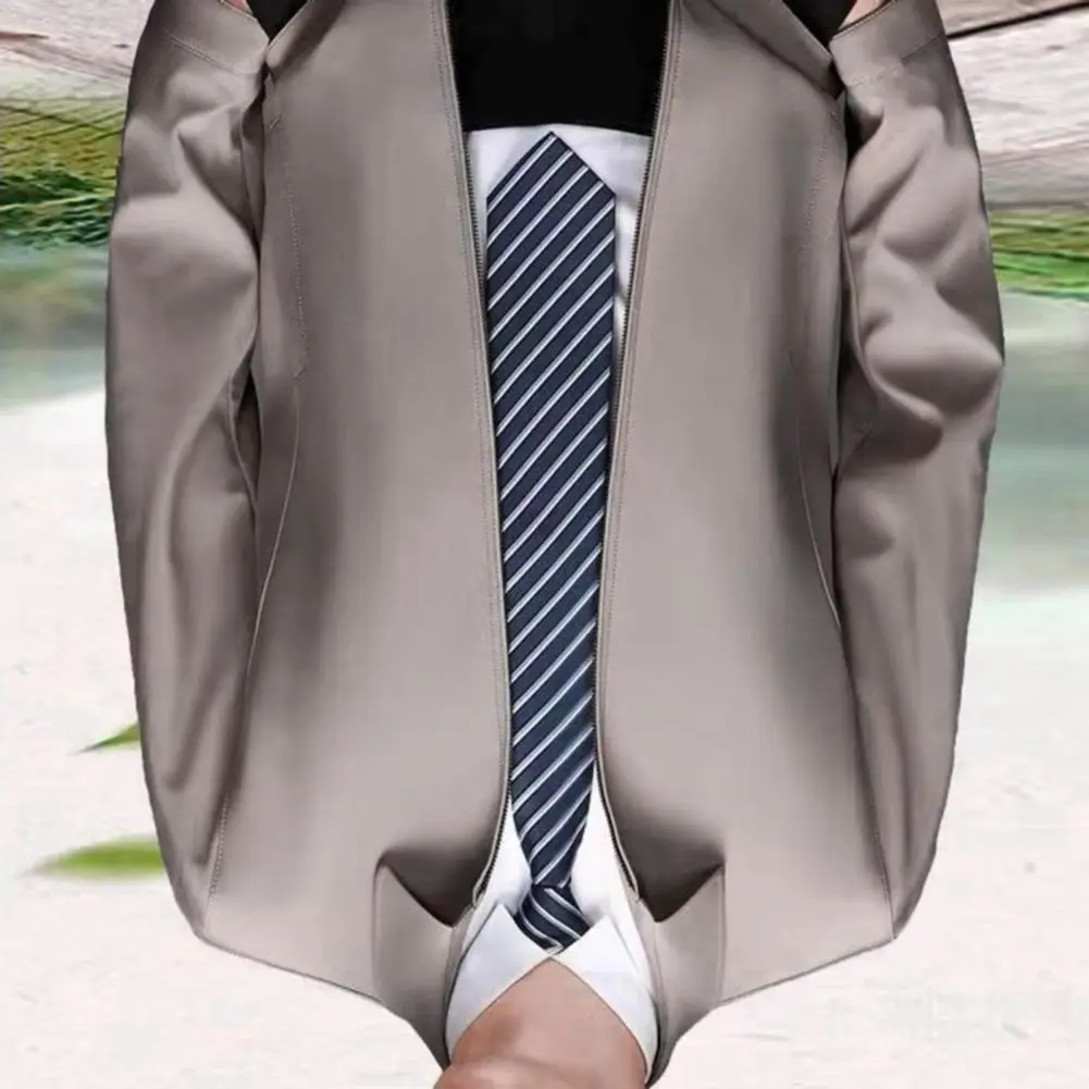 Men Fall Spring Coat Turn-down Collar Smooth Zipper Closure Cardigan Long Sleeve Smooth Thin Loose Mid-aged Father Daily Jacket