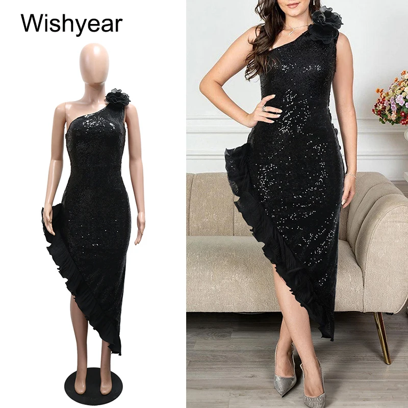 

Новые черные платья средней длины с диагональным воротником для женщин, вечернее платье на одно плечо с блестками и 3D цветами и оборками для вечеринки, дня рождения