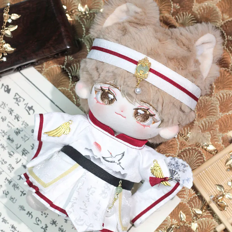 

20cm Plush Doll Clothes Handmade Retro Style Chinese Style Headband Outer Robe Green Bamboo Printed Fan Set For Doll Accessories