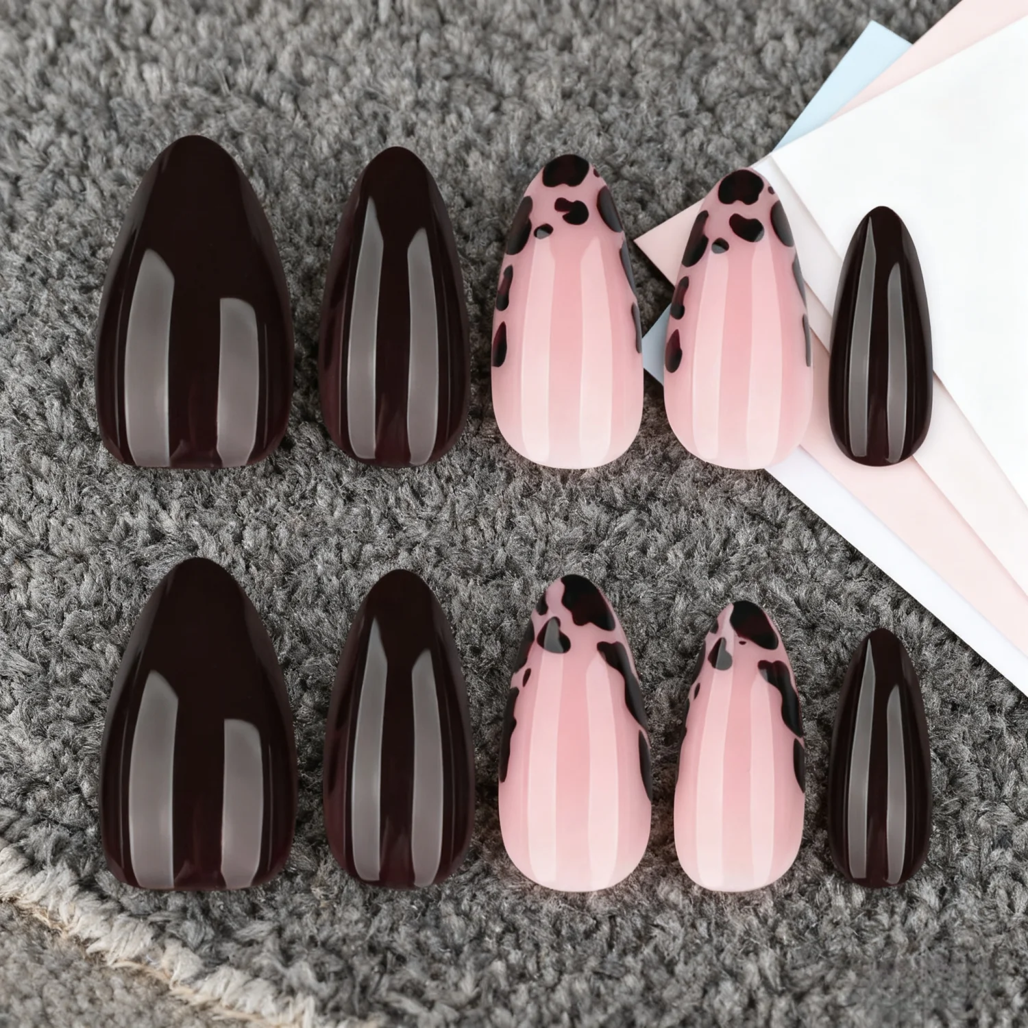 Ensemble de faux ongles en acrylique noir, imprimé léopard français, à pression, 24 pièces, amande moyenne, Art pour manucure, automne