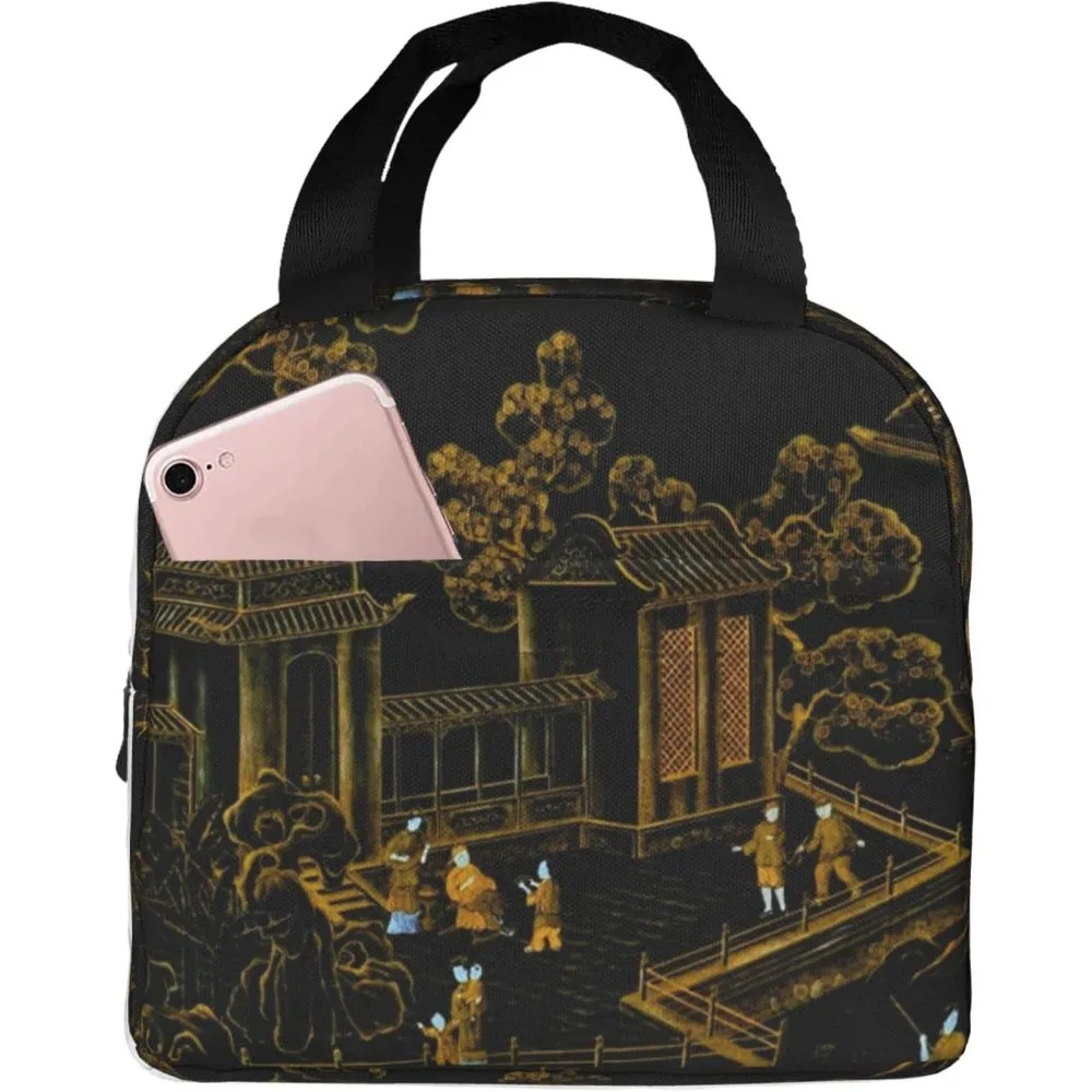 Black and Gold Oriental Silk Pagodas Reusable Insulated Lunch Bag for Women Men Waterproof Tote Cooler Lunch Box for Outdoors