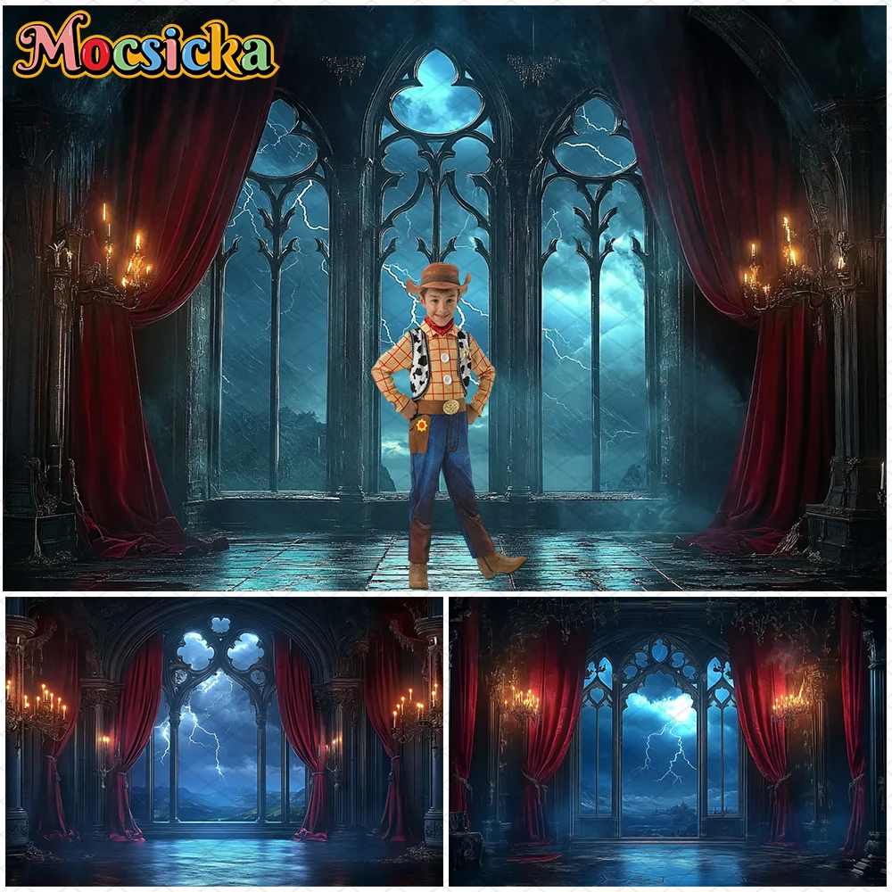 Mocsicka Halloween Backdrop Night Lightning Window Indoor Candles Red Curtain Decoration Children Kid Photo Background Photocall