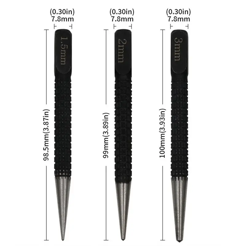 AA05 3 قطعة مركز لكمة تحديد المواقع لكمة الحفر المثبت الأسود أسطواني مسمار لكمة دبوس أداة قطع الغيار 1.5 مللي متر/2 مللي متر/3 مللي متر