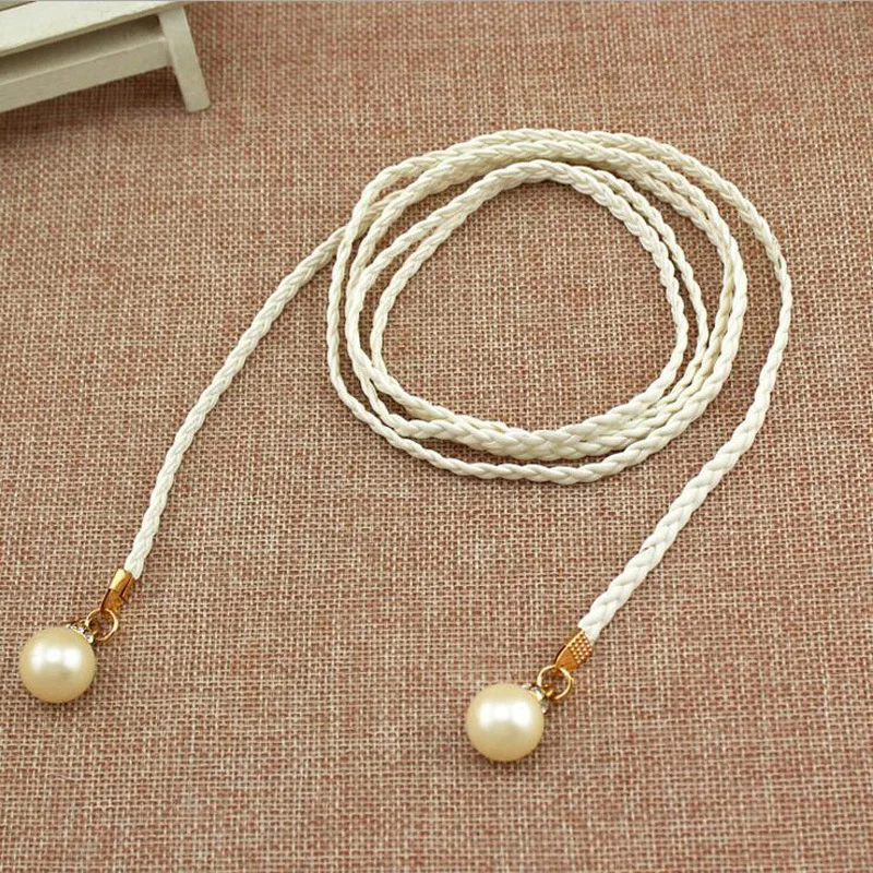 Black Handmade Woven Pearl Waist Rope Minimalist Decor Belt For Women Dress Student Fashion Waistband Accessories