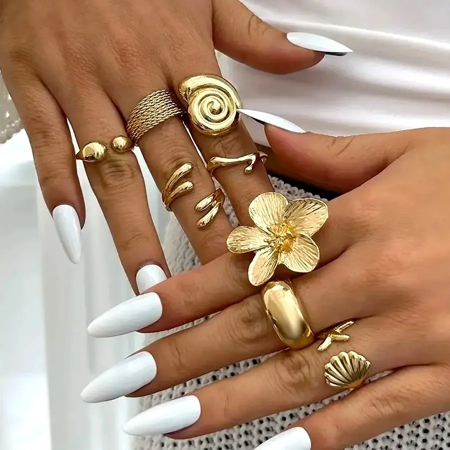 Ingemark 8Pcs/Set Vintage Metal Petal Flower Water Drop Open Rings for Women Trend 2025 Goth Geometric Ring Daily Jewelry Gift