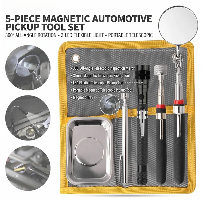 Extendible Inspection Rotatable Mirror 5PCS Magnetic Pick-Up Tool Set, Telescoping Inspection Mirror & LED Flashlight Kit