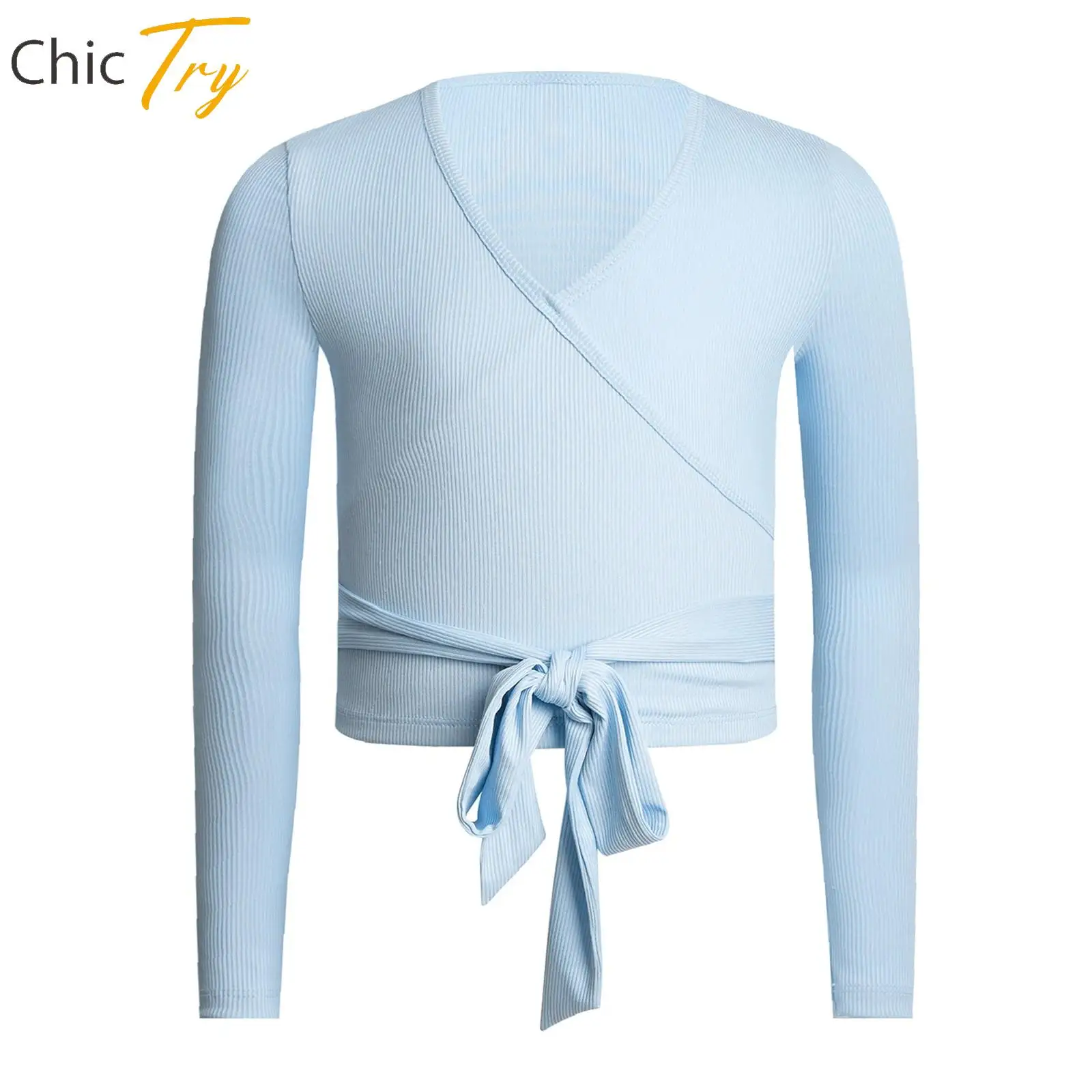 

Girls Yoga Clothes Self-Tie Wrap Tops Dance Practice Casual Daily Wear Long Sleeve Ribbed Shrug Crop Top for Gym Workout Fitness