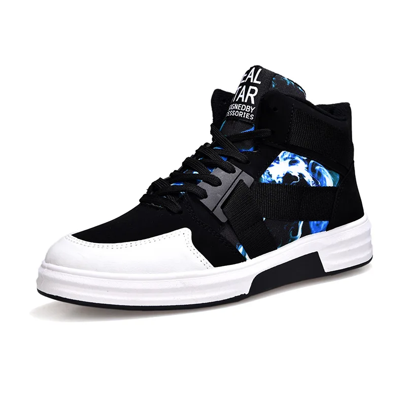 Men High-top Sports Shoes Fashionable Pattern Printed Casual Shoes Anti-slip White Soles Breathable Comfortable Full-match Shoes