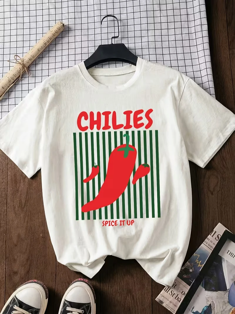 Chilies Print T-shirt Bold Chili Pepper Graphic with Striped Background Short Sleeve Tops Unisex Spring Summer Casual Tee