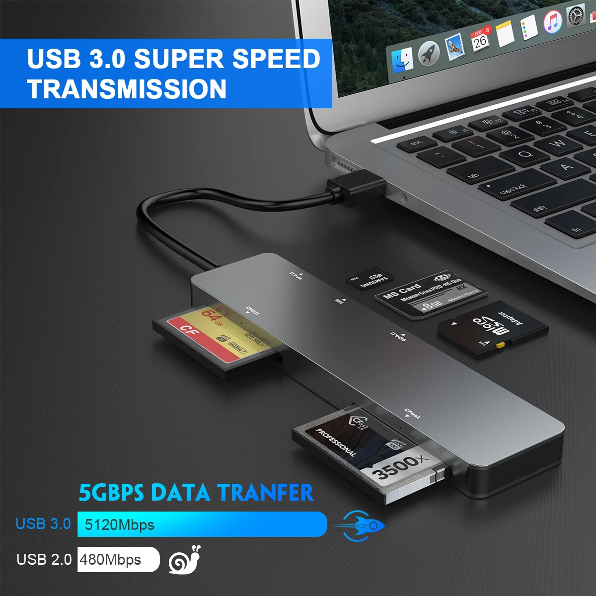 AJIUYU USB 3.0 قارئ بطاقة 5 في 1 نوع c USB C إلى SD TF CF CFast MS محور بطاقة الذاكرة متعددة الوظائف لنظام التشغيل Mac OS ويندوز حساب