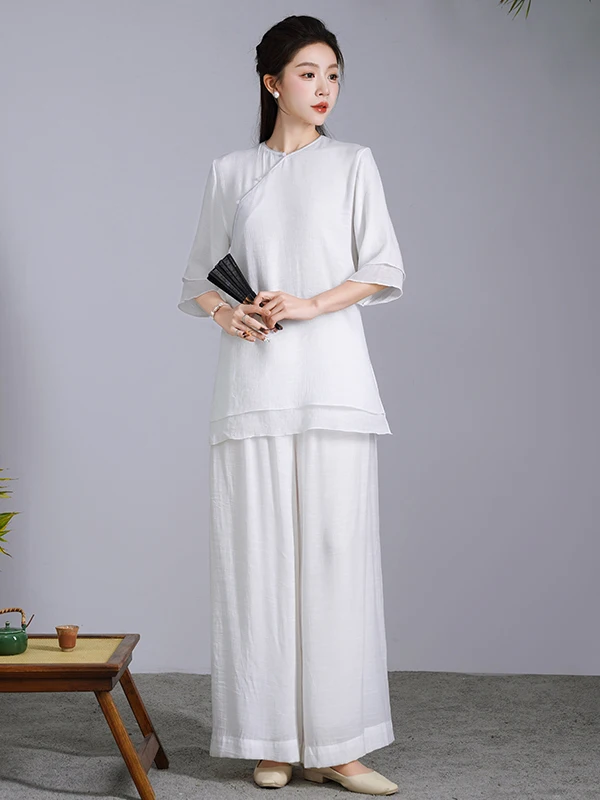 Vêtements de yoga pour femmes Tai Chi coton lin été Faion ensemble blanc Zen Sle fée Aosphère costume deux pièces rond Ne Long...