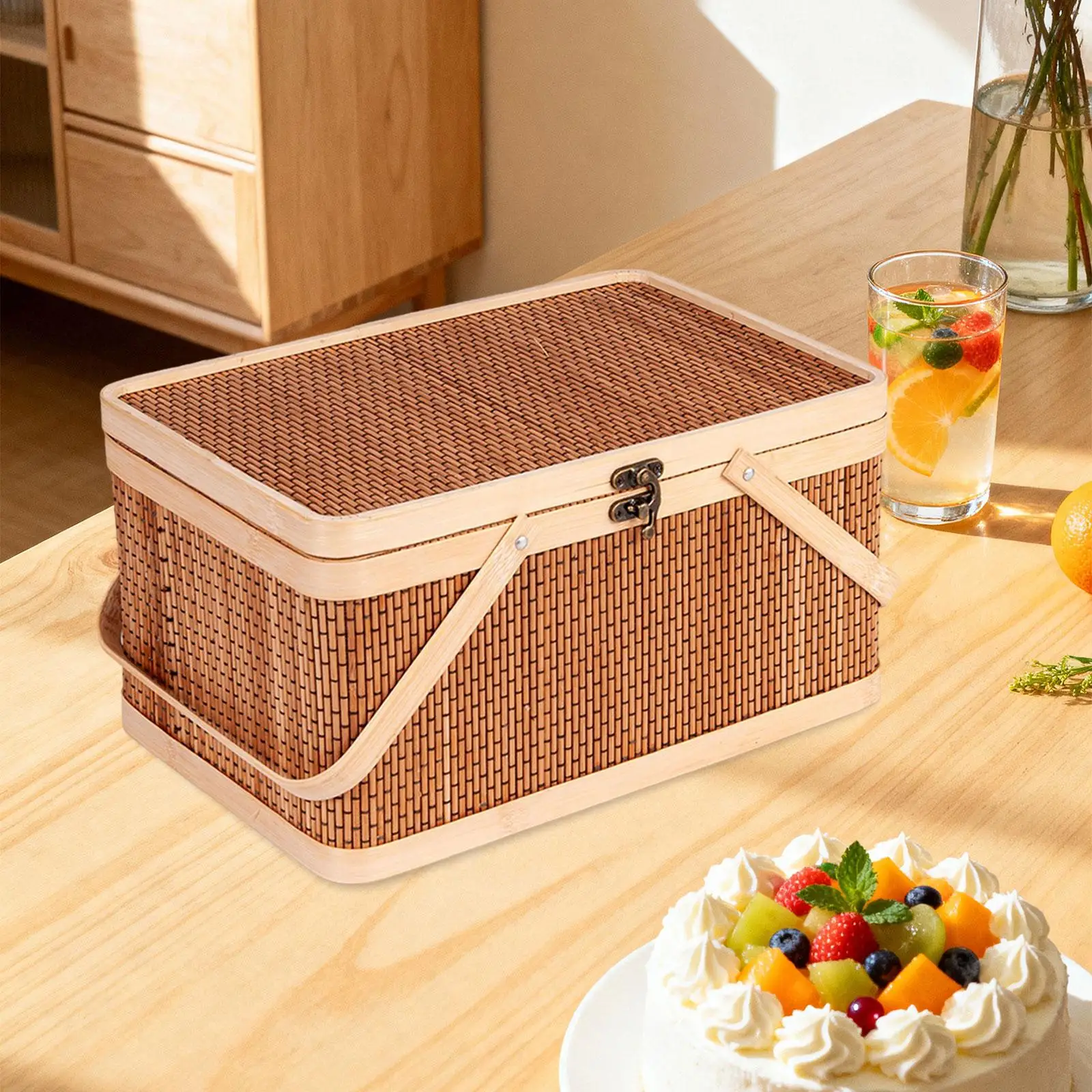 

Portable Woven Picnic Basket with Lid Bamboo Storage Organizer Fruit Bread Basket Holder for Holiday Celebrations