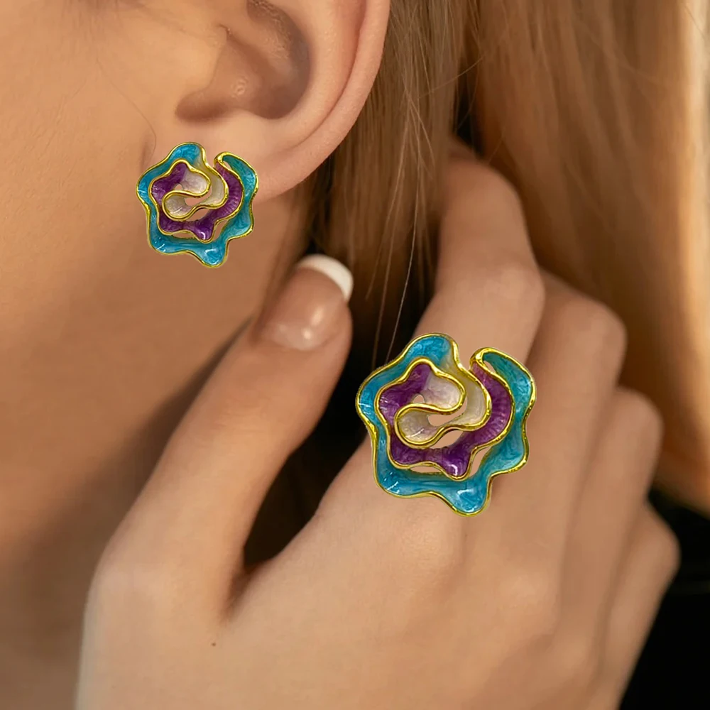 

Vintage Enamel Flower oil painting Earrings and Ring Jewelry Set for Women New Design Fashion Jewellery Gift