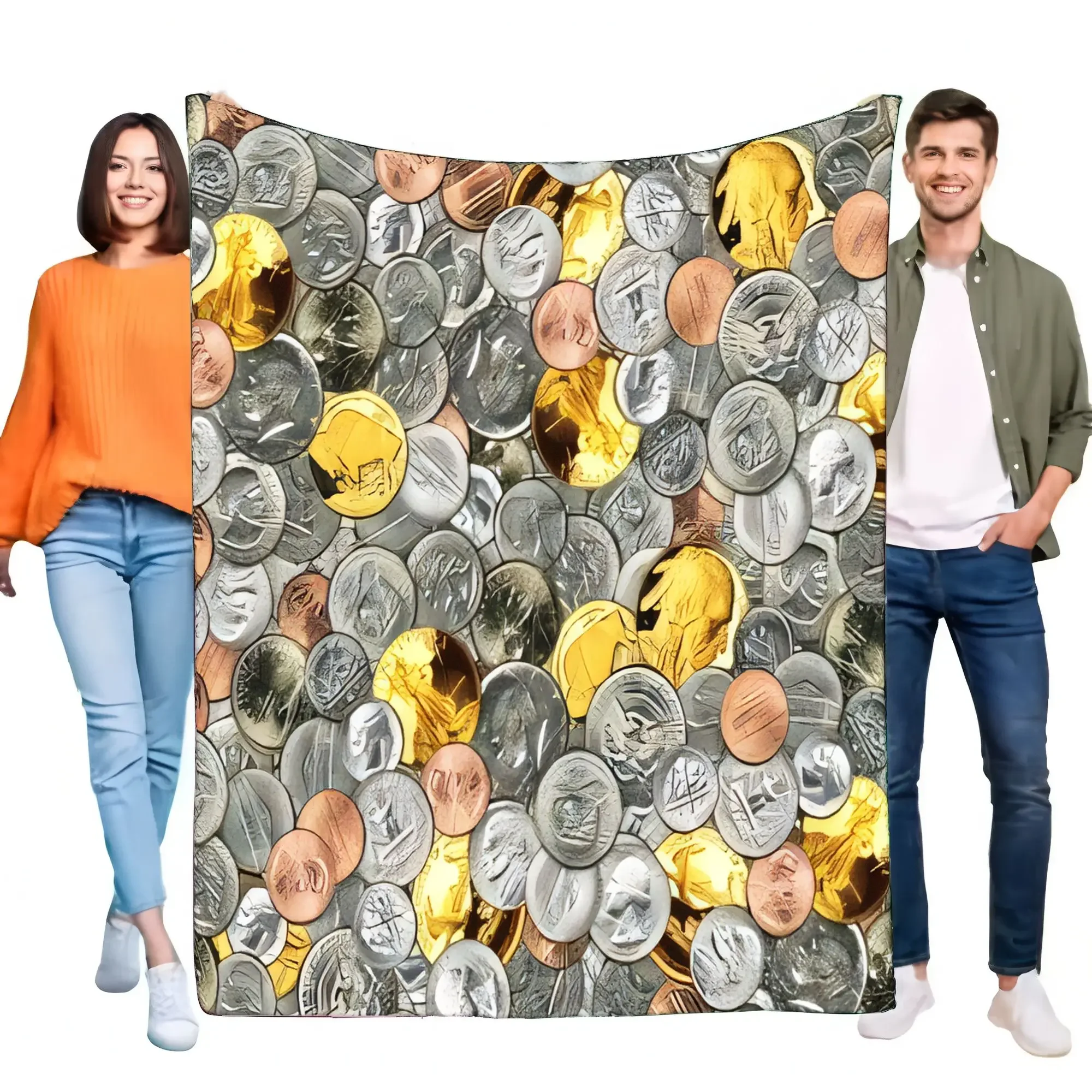 US Currency Coin Pattern Blanket, Super Soft Cozy Flannel Throw for Bed Sofa Couch Decor, Lightweight Warm Financial Wealth Gift