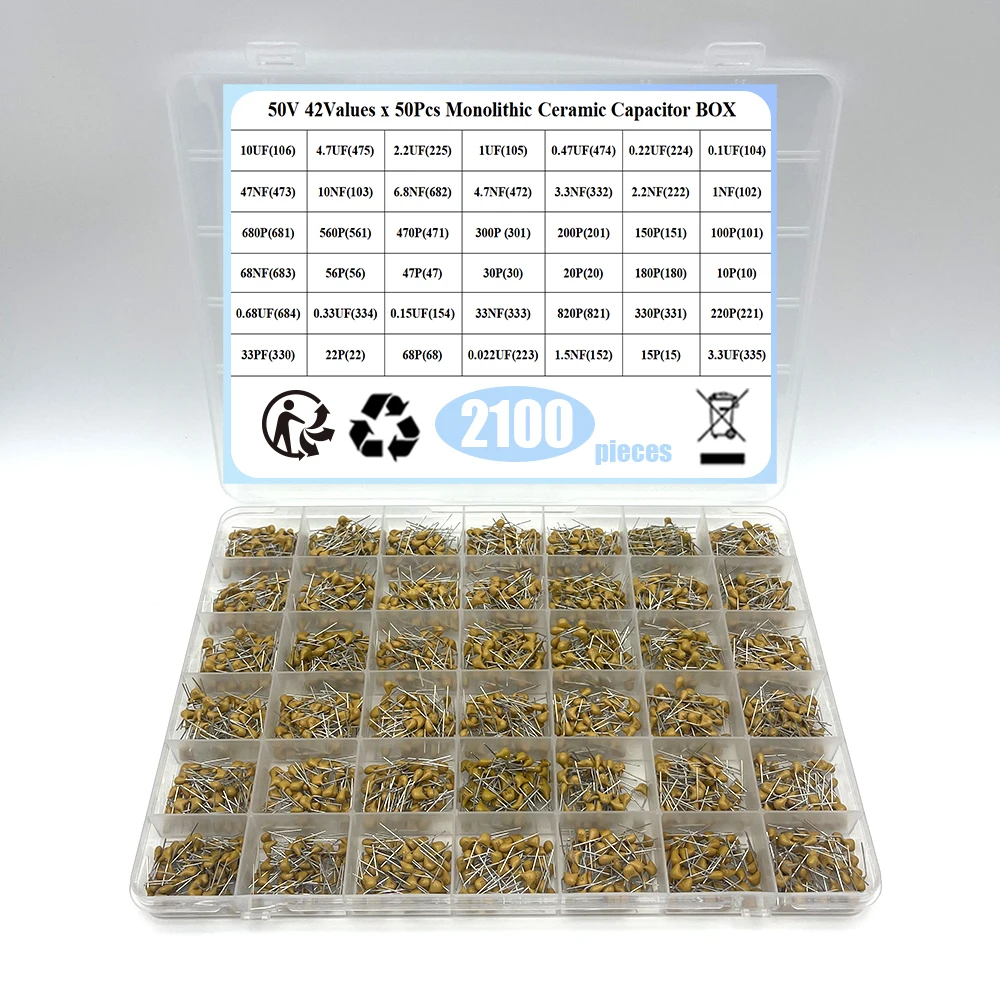 42values*50pcs Monolithic Ceramic Capacitor 10pF~10uF,ceramic capacitor Assorted Kit 1UF 100NF 330NF 0.1UF 102 104 105 335 Box