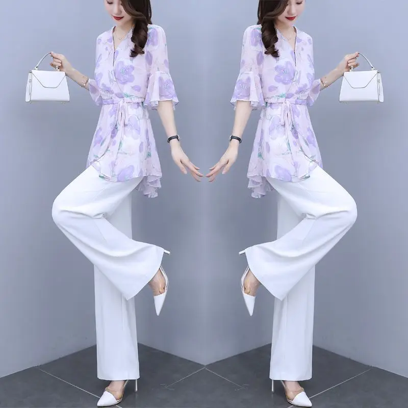 Two Piece Set For Women\'s Summer 2024 New High-End Fashiona Chiffon Beautiful Long T-Shirt And White Pant Suits Female Elegant