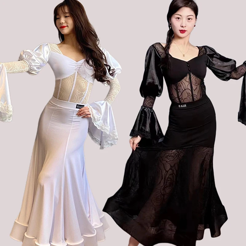 

2024 Ballroom Dance Dress For Women Long Sleeved Big Swing Skirts Suit Female Waltz Modern Dance Competition Clothing DQS15348