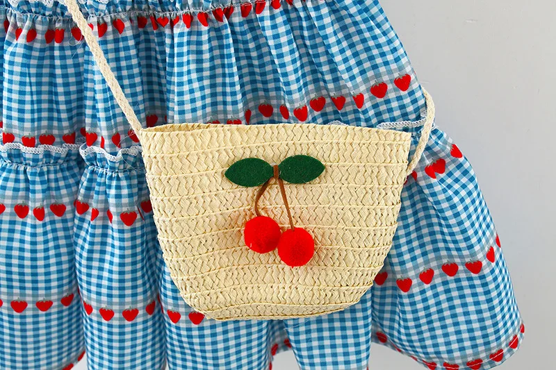 Baby girl's new summer dress with sleeveless round neck plaid heart cherry cotton skirt and diagonal cross bag included image 3