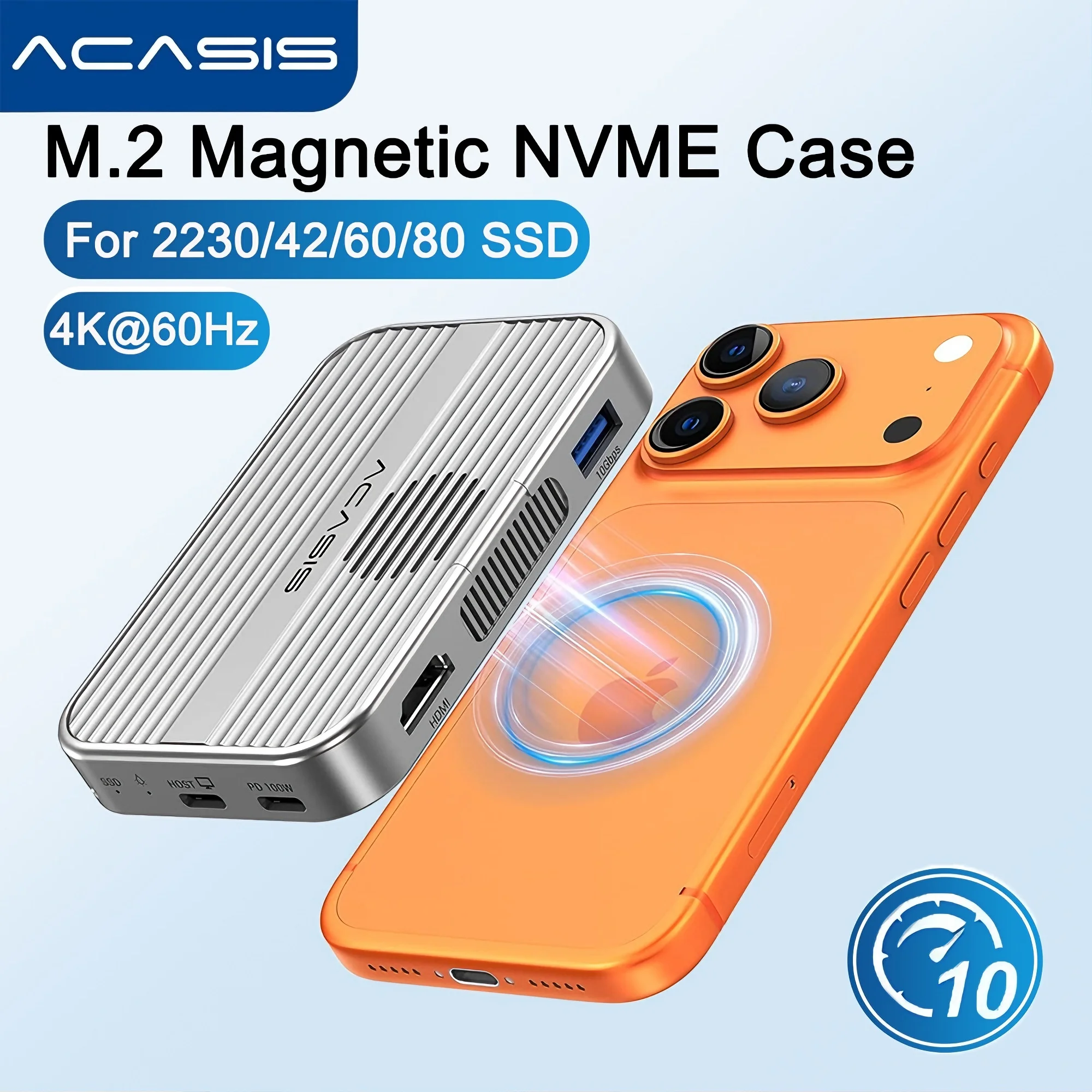 Acasis Magnetic USB C Docking Station M.2 NVMe SSD Case with Cooling Fan 4K HDMI 100W PD Support SSD 2230/42/60/80mm iPhone16 17