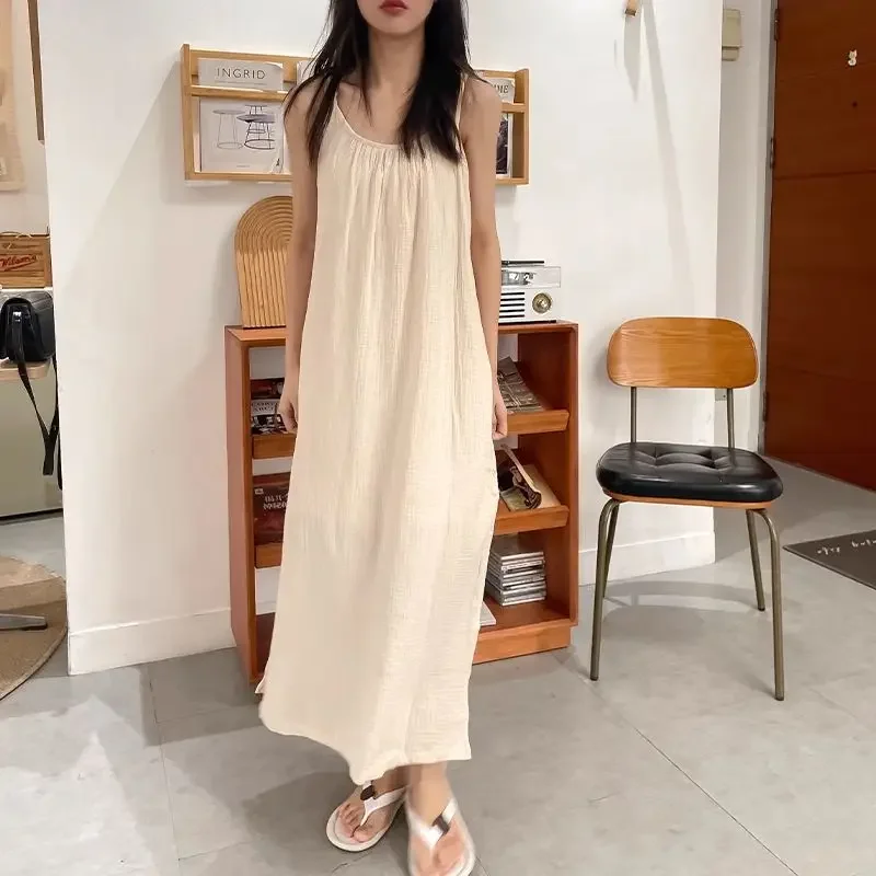 Retro 100% Cotton Muslin Women'S Summer Dress Casual Solid Sleeveless Adjustable Strap Side Spilt Holiday Beach Sundress