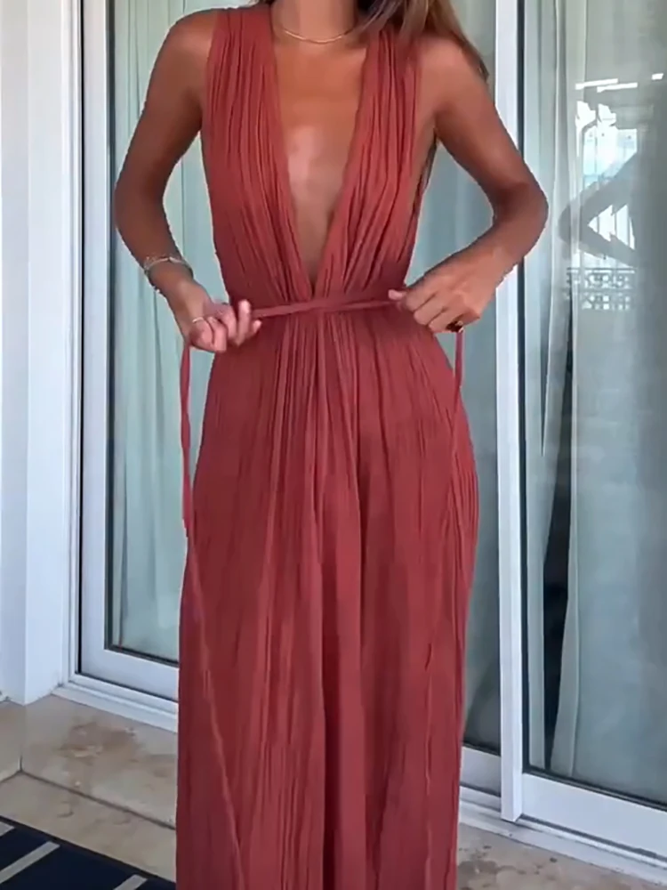 

Simple Solid Color Lace Up Waist Women's Jumpsuit Casual Pleated Design Beach Rompers Summer Deep V Sleeveless Loose Playsuit