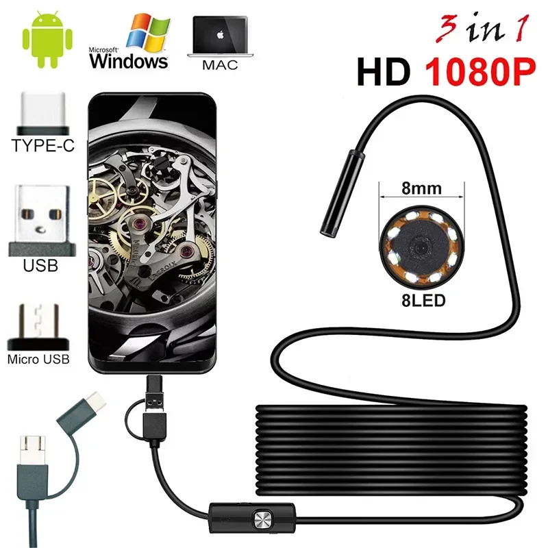 1080P HD USB Endoscope Camera With TYPE C USB Micro USB Snake Inspection Borescope Camera 8.0mm HD Lens 8 Leds For Android PC