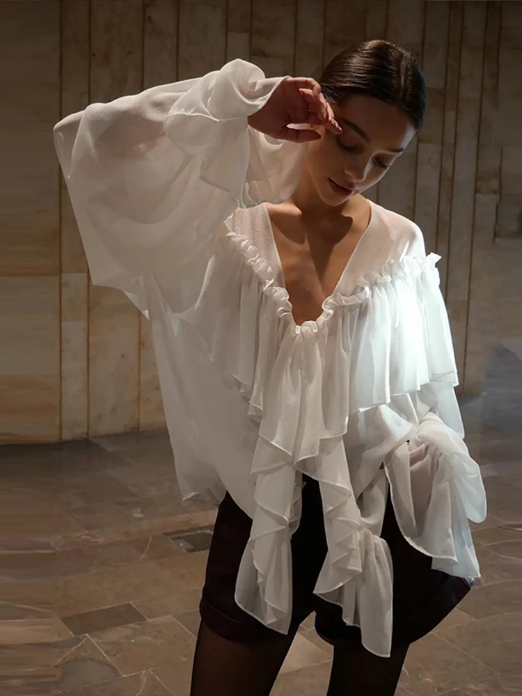 

Elegant Chiffon Women Shirt Blouse Flounces Loose V-neck Long Sleeve See Through Blouses 2025 Spring Summer Lady All-match Top