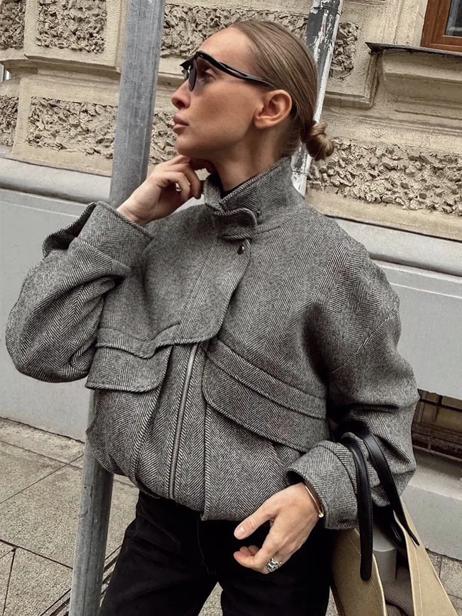 Bornladies Neue Herbst-Winter-Retro-Jacke für Damen mit Reißverschluss vorne, passgenauer Schnitt, Pattentaschen, Stehkragen, Freizeitjacke – Detail 3