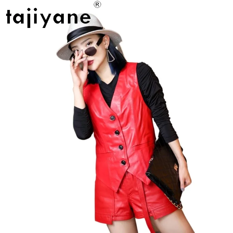 TAJIYANE Short Sheepskin Leather Vest Solid Genuine Leather Jackets for Woman V-neck Waistcoat Sleeveless Slim Fit Vestes Femmes