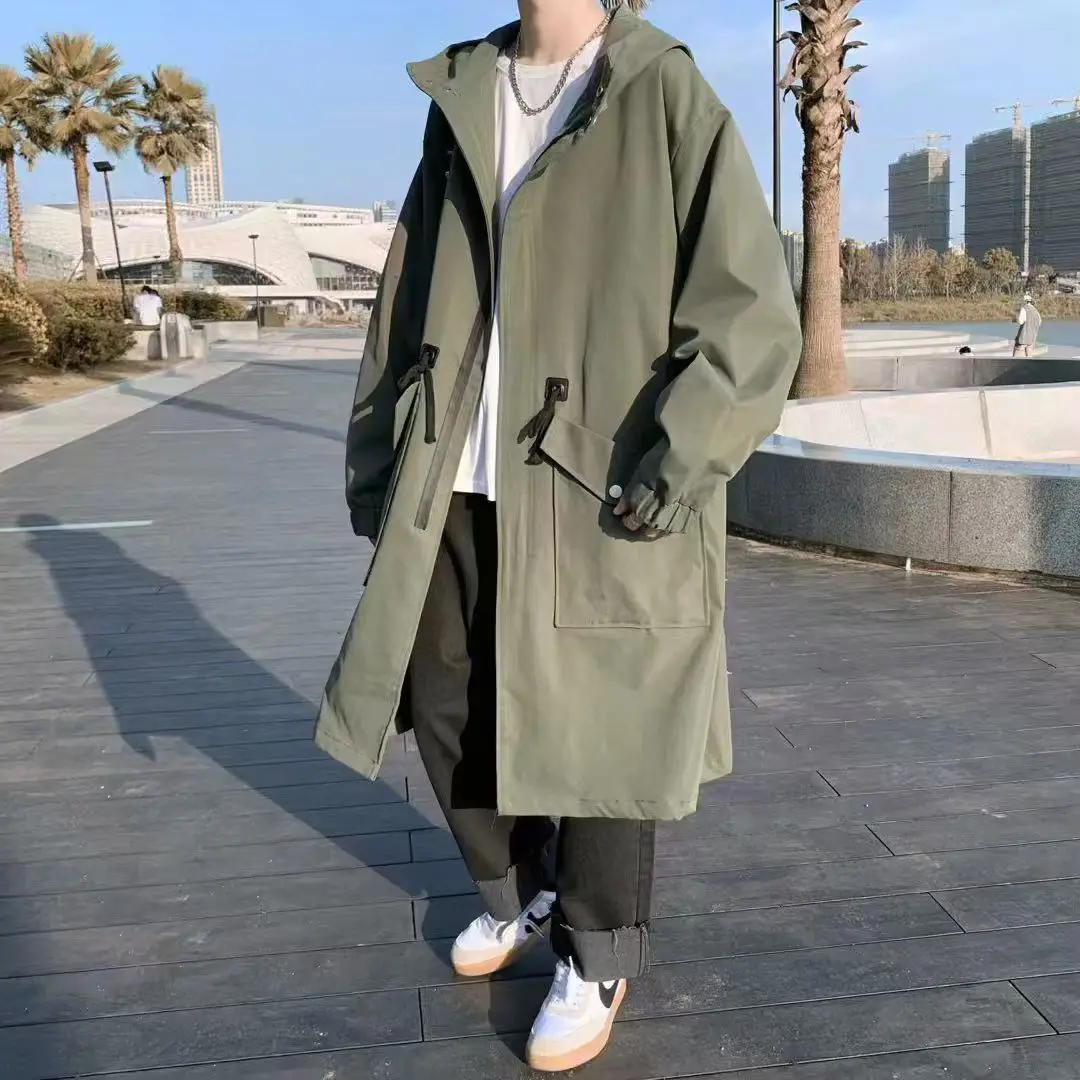 Autumn Winter Windbreaker Men Long Safari Windbreaker Korean Trend Oversize Casual Coat Trendy Handsome Hooded Jacket