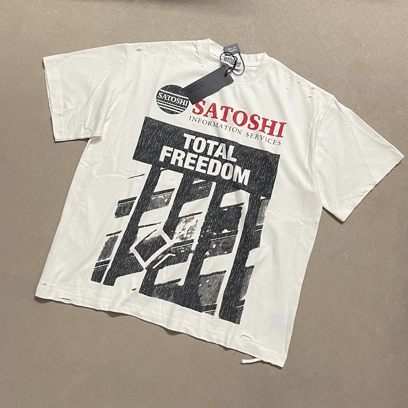 Satoshi Nakamoto Short Sleeve Streetwear Print Distressed Ripped Men Loose Fit Casual T-Shirt Top